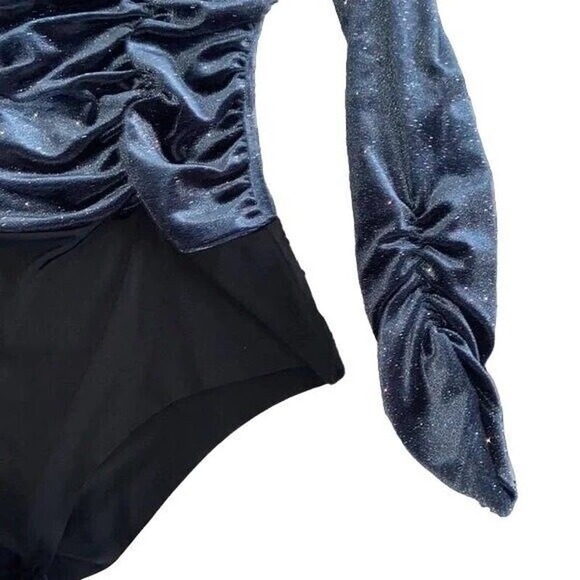 ZARA Navy Blue Ruched Velvet Glitter Mock Neck Long-sleeve Bodysuit - Picture 7 of 9